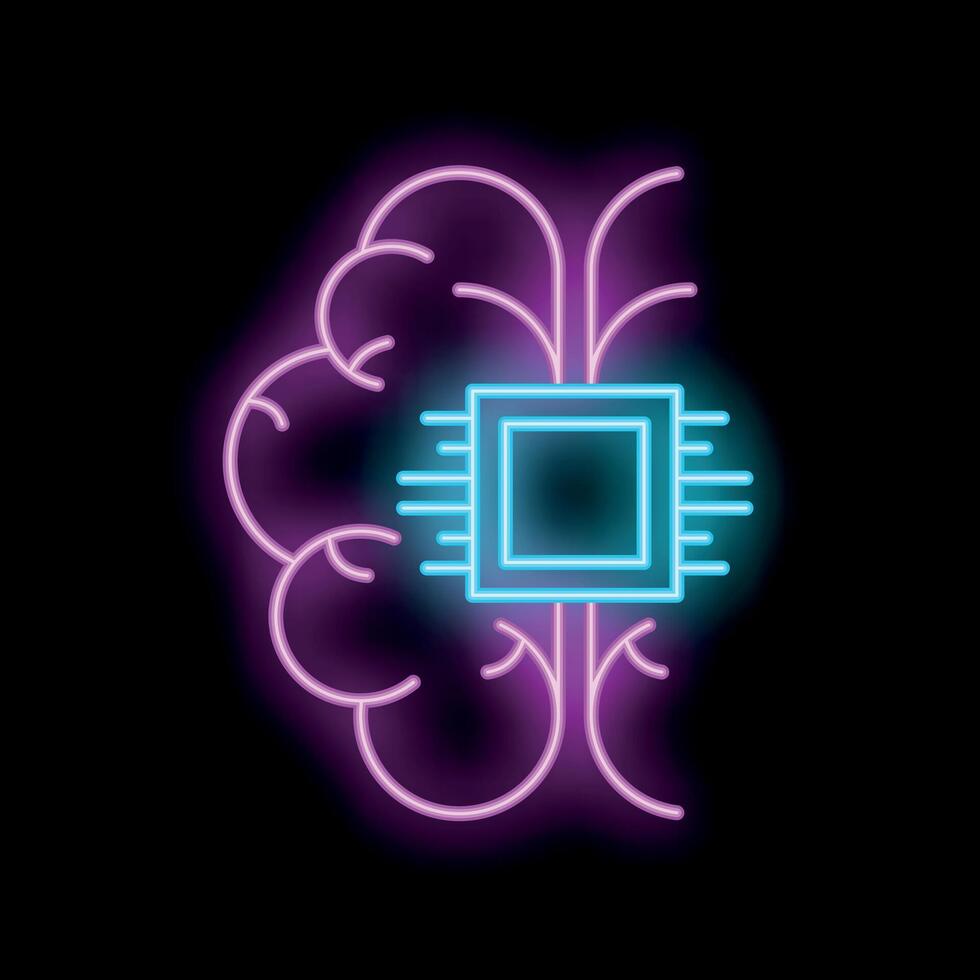 Neon style illustration of artificial intelligence with a microchip over a brain vector