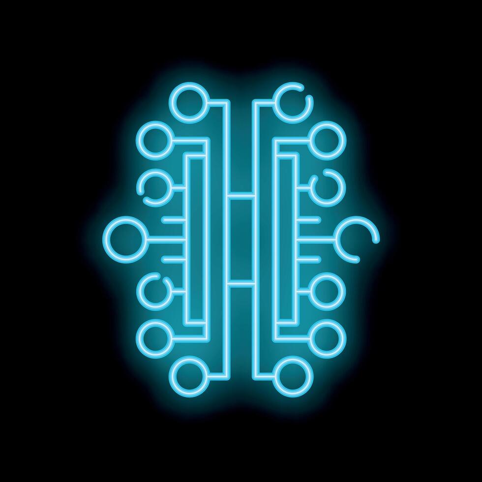 Neon blue artificial intelligence chip glowing on black background vector