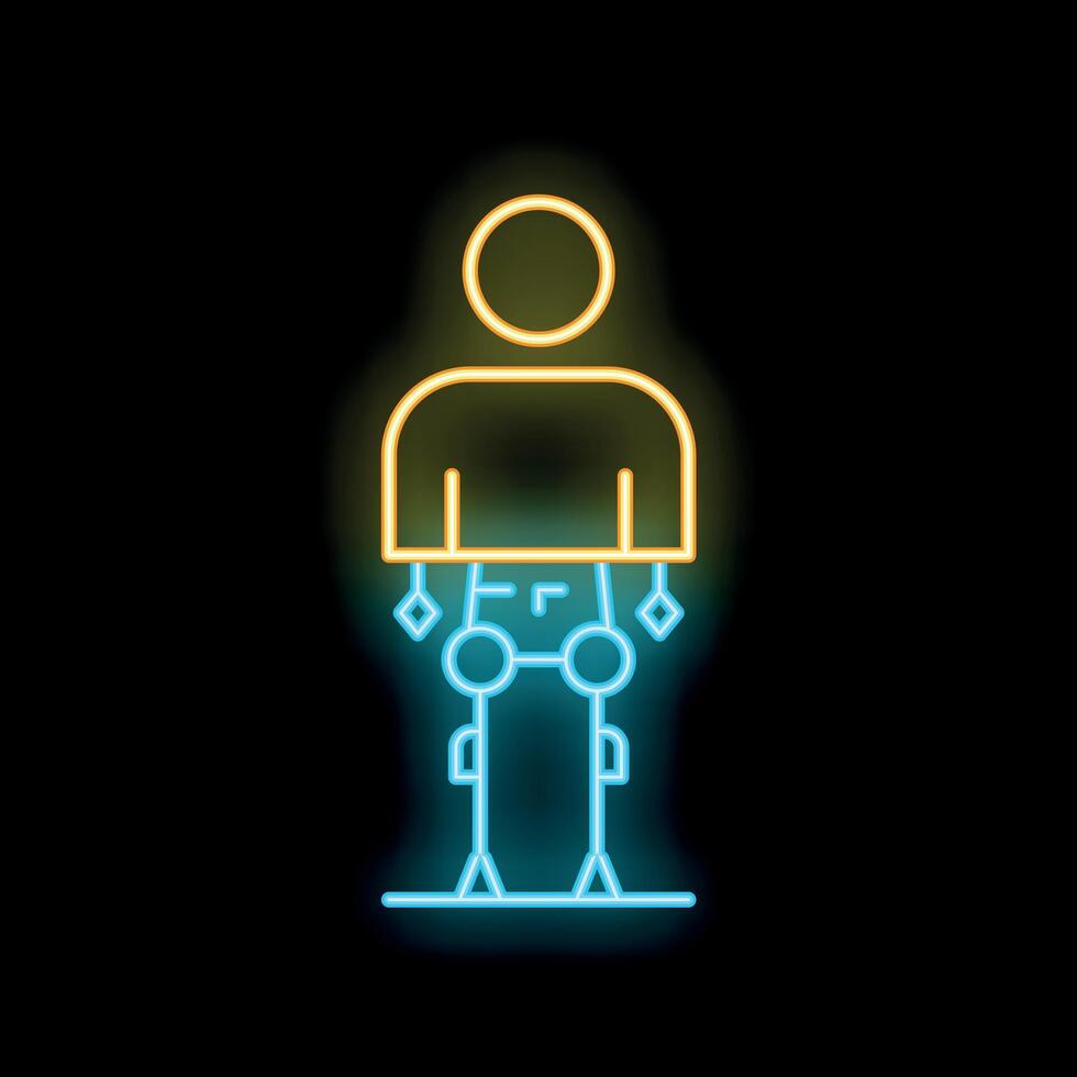 Neon icon of person transforming showing exoskeleton being attached vector
