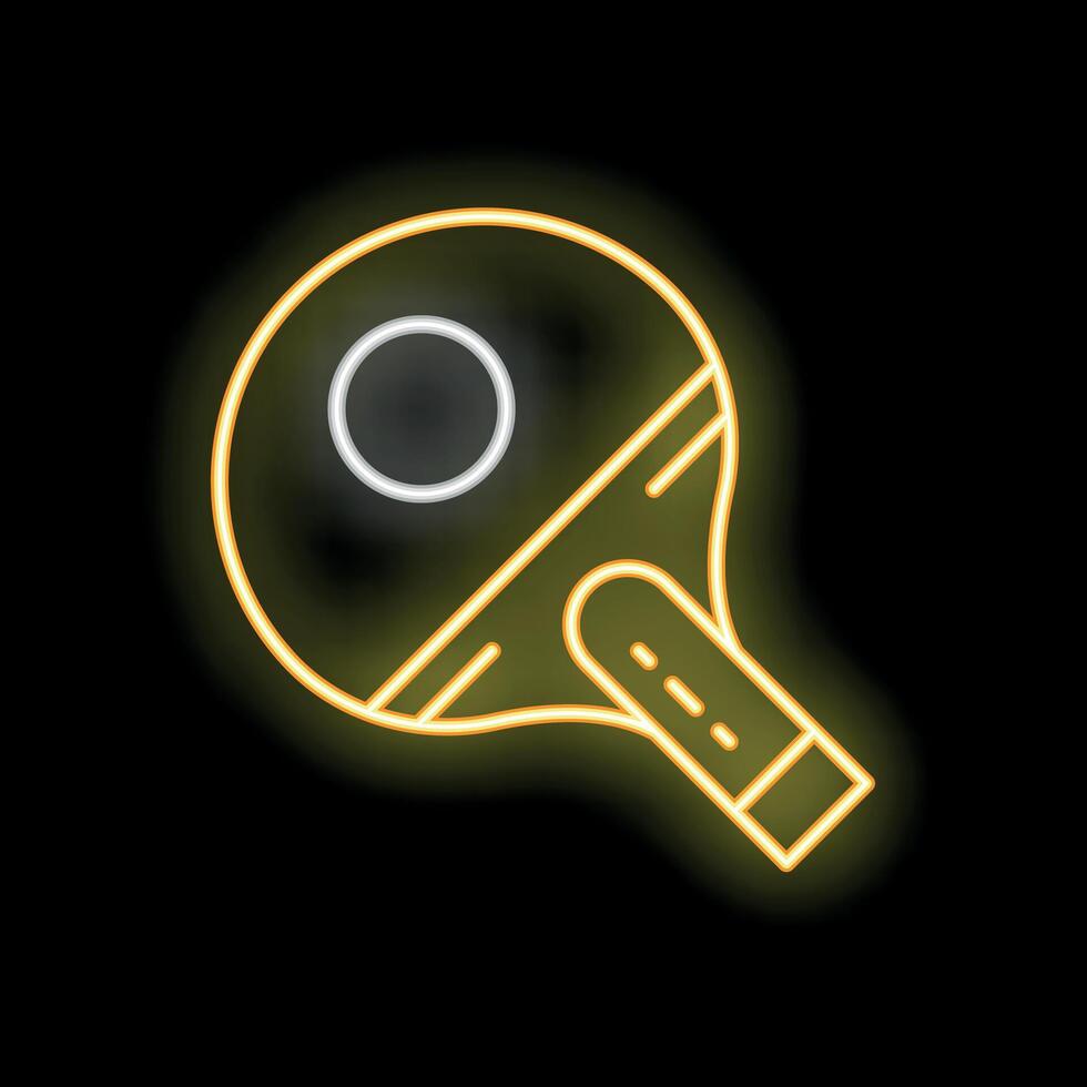 Neon icon of ping pong paddle and ball glowing on black background vector