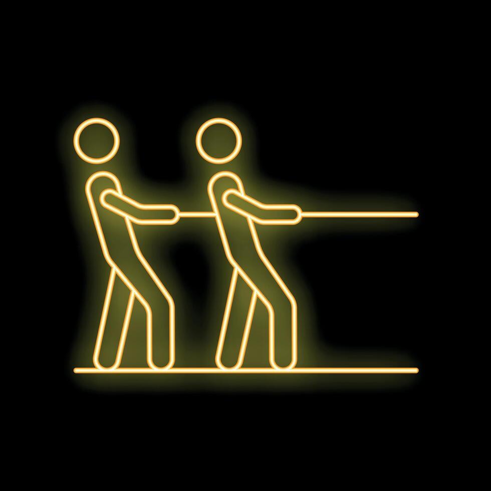 Two business people pulling rope in tug of war neon sign style icon vector