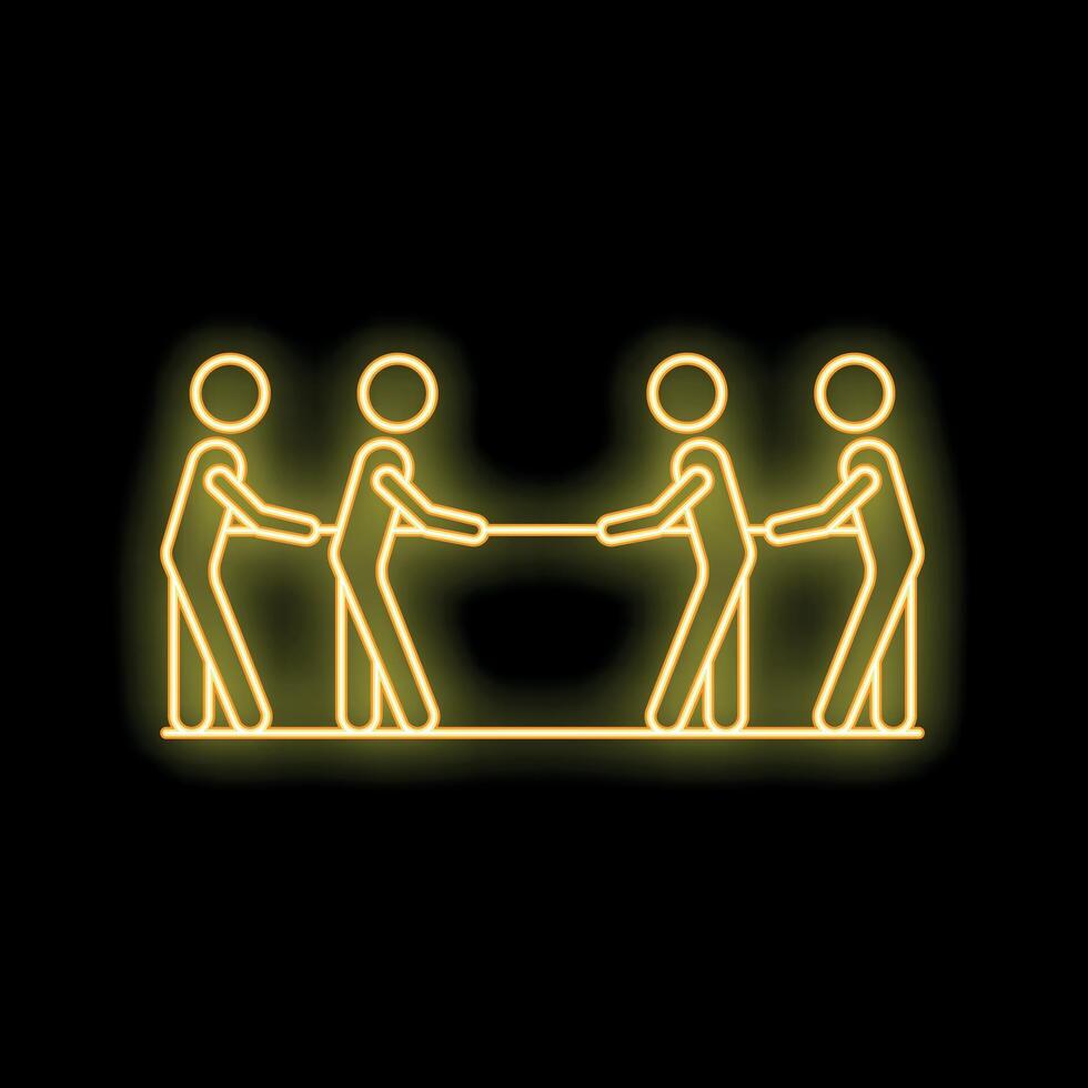Yellow neon icon of two teams playing tug of war on black background vector