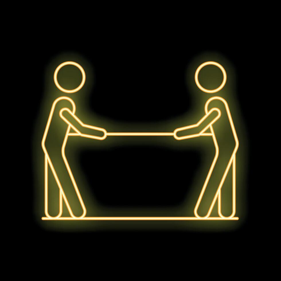 Two business people pulling rope in tug of war neon sign concept vector