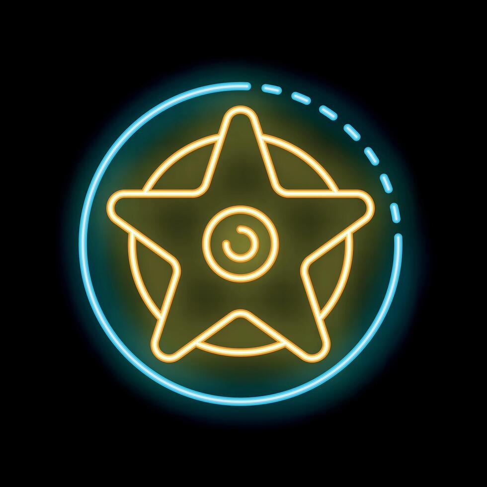 Neon sign showing five pointed star with circle on black background vector