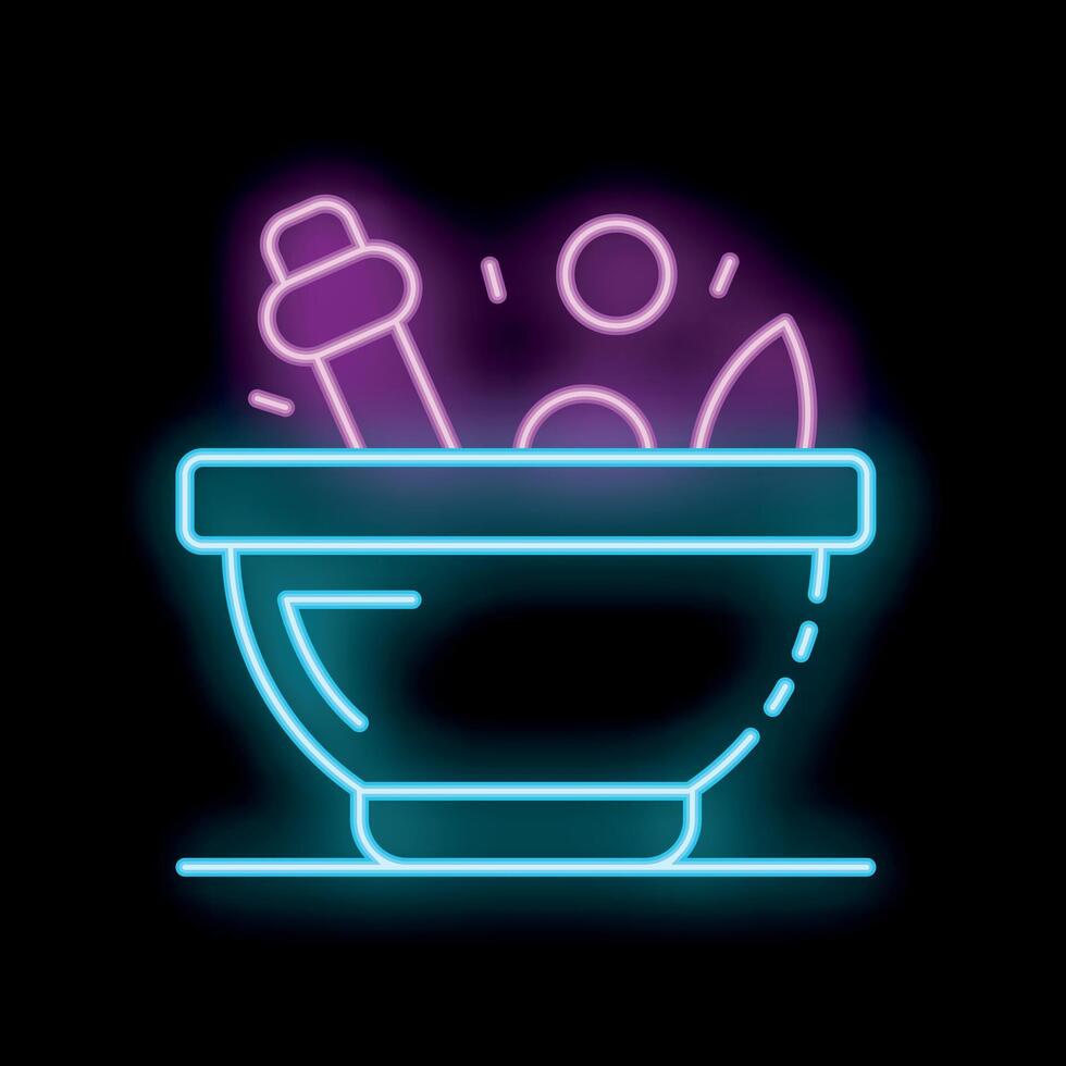 Neon sign of mortar and pestle with herbs for apothecary branding vector