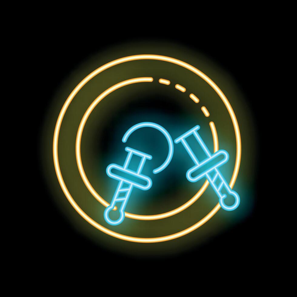 Neon sign representing fencing sport with two swords forming a circle on black background vector