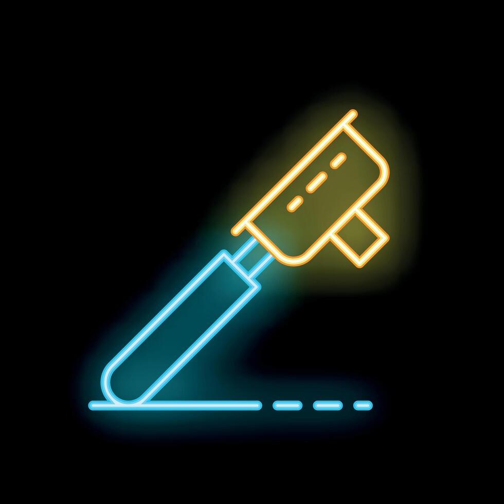 Neon icon of soldering iron repairing damaged electrical wire vector