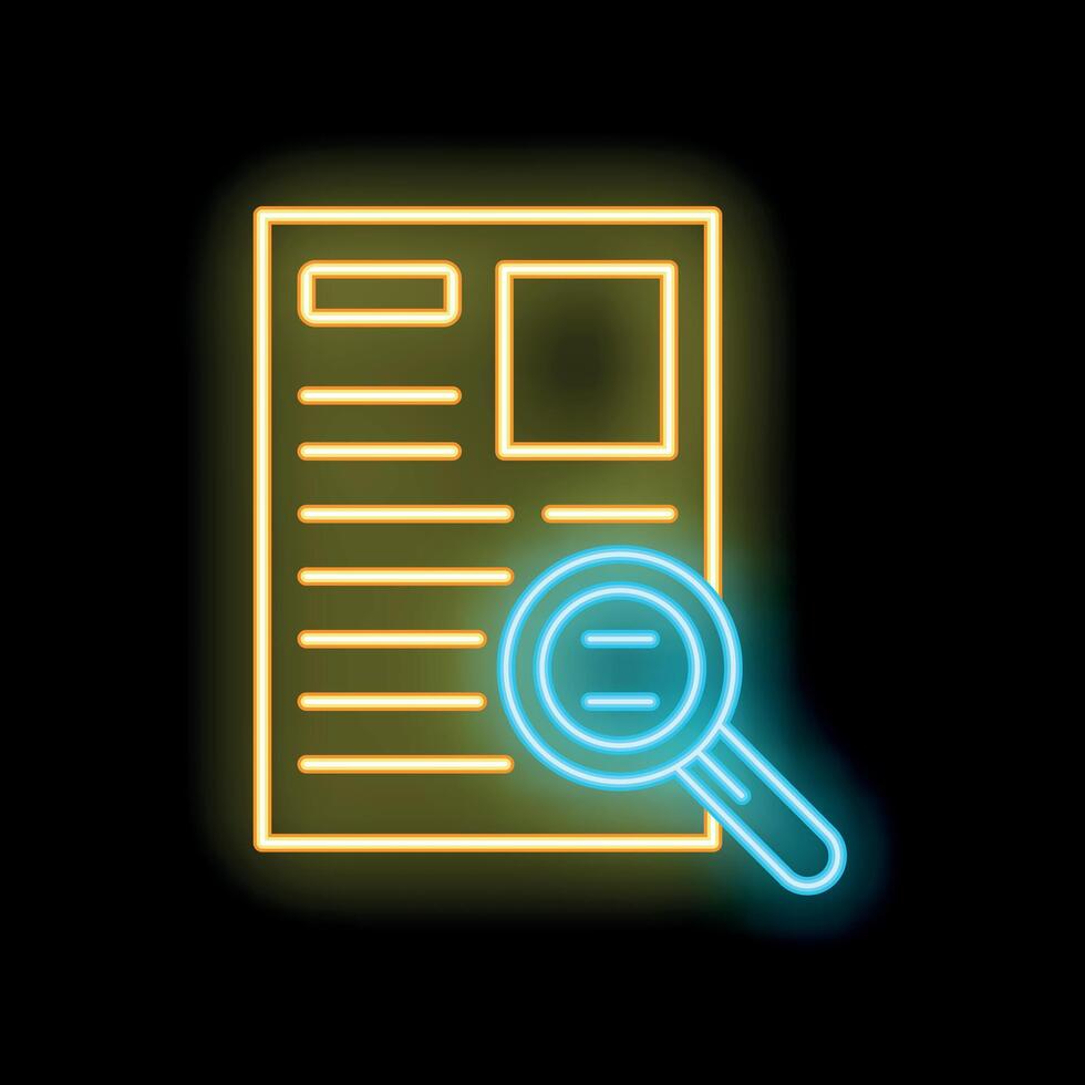 Neon icon of magnifying glass examining document for information retrieval vector