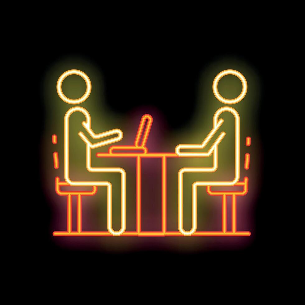 Two business people working together using laptop neon sign icon vector