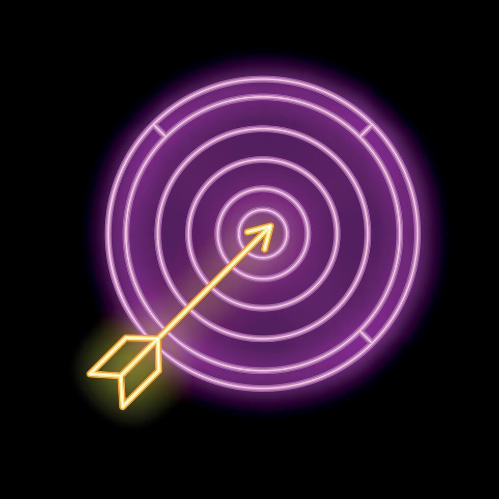 Neon sign of arrow hitting target on a black background vector