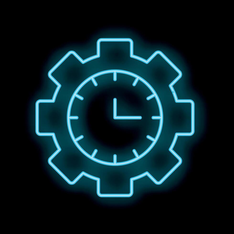 Neon blue clock face replacing center of gear shape on black background vector