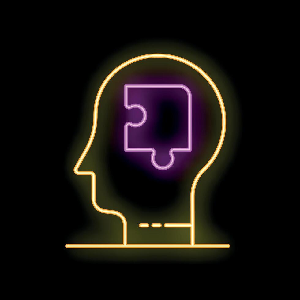 Neon sign representing human head with puzzle piece inside symbolizing problem solving vector