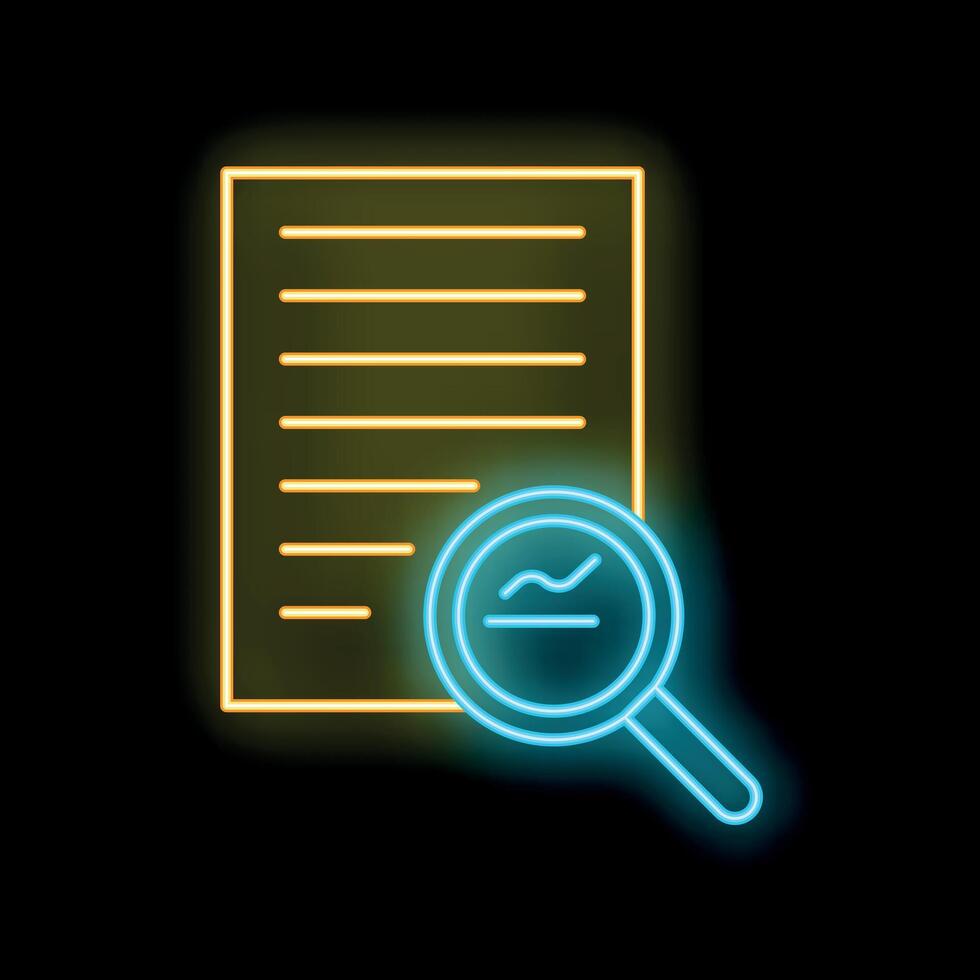 Neon magnifying glass analyzing document for statistical data vector