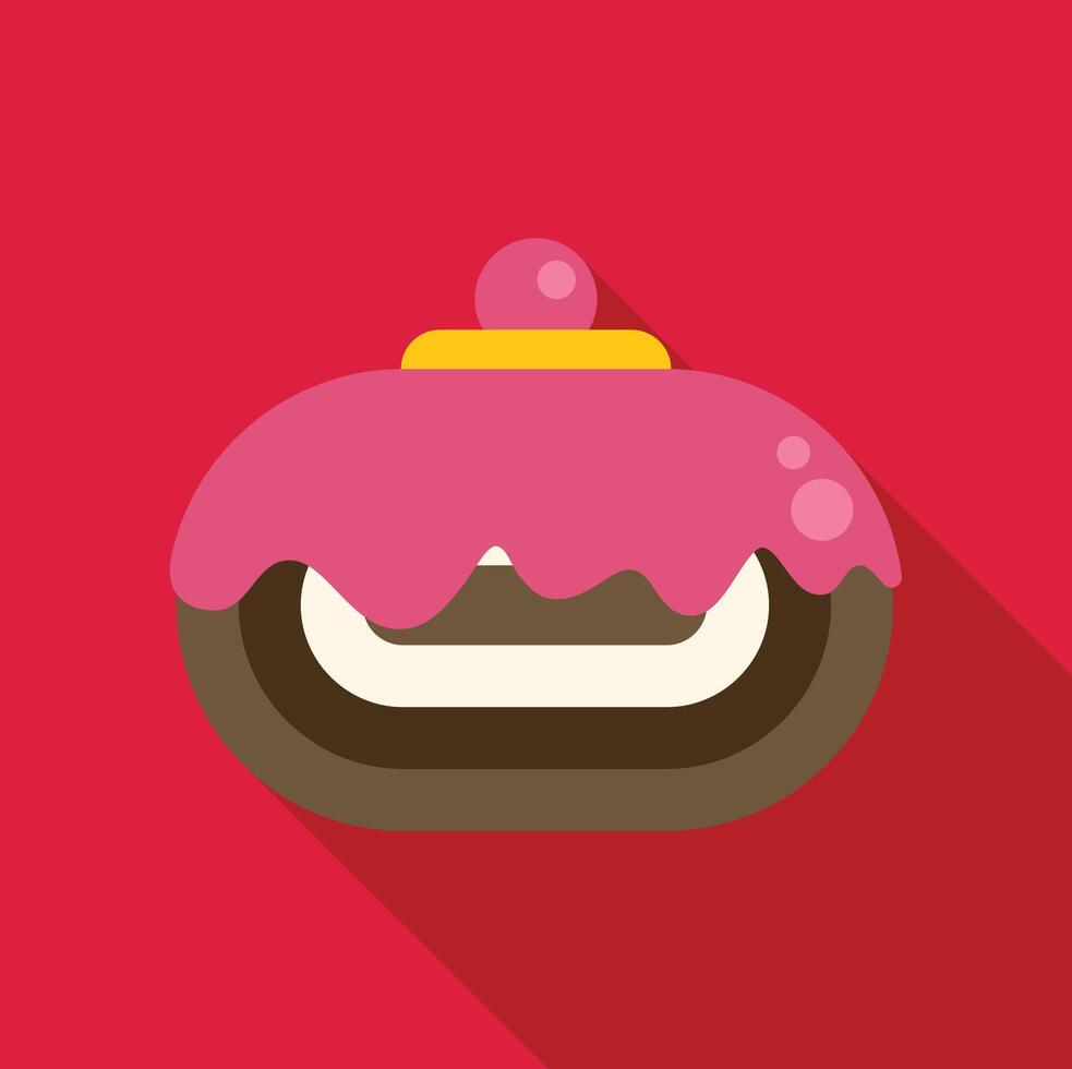 Pink glaze dripping from fancy pastry on red background vector