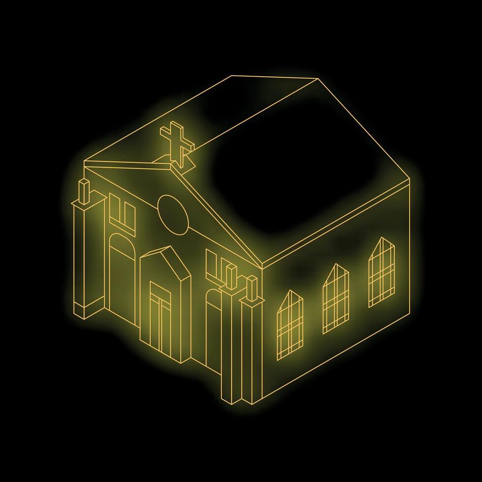 Glowing yellow church building wireframe showing religion concept vector