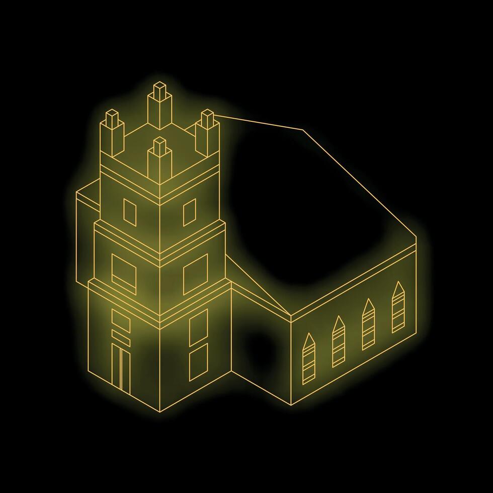 Glowing yellow church building line art isometric illustration vector