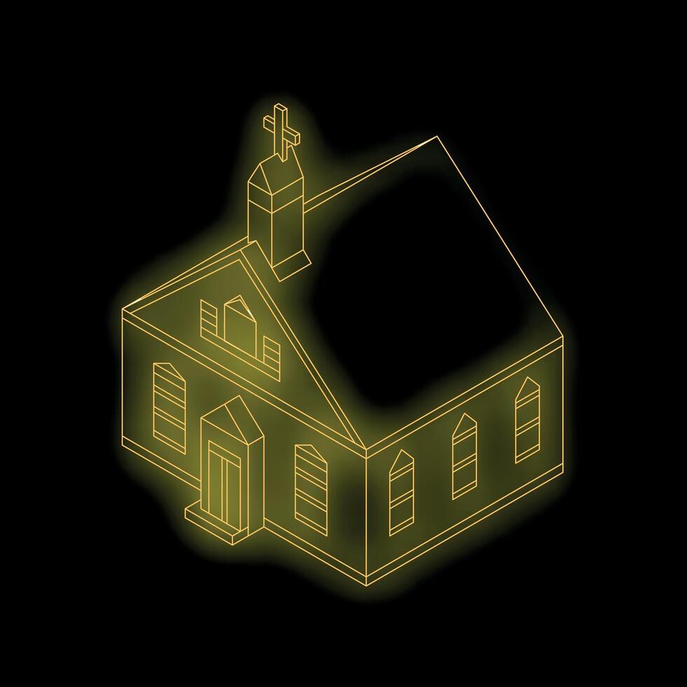Glowing yellow church building wireframe isometric projection vector