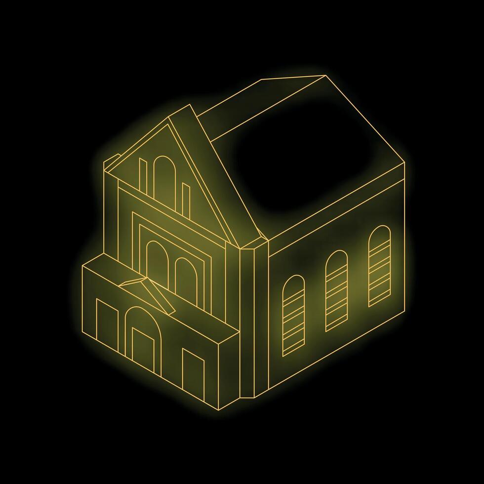 Glowing yellow isometric church building on black background vector