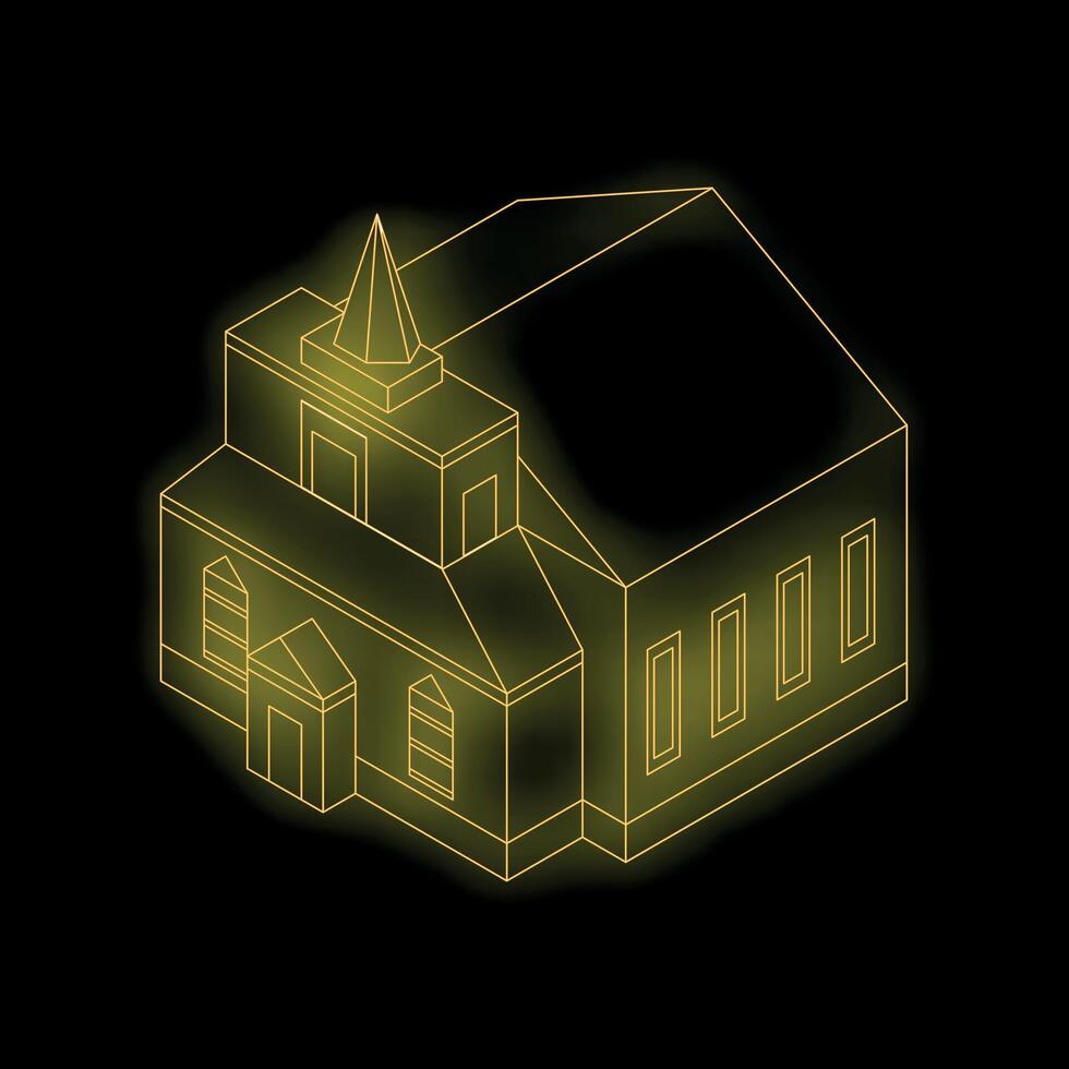 Yellow neon church building glowing on black background vector