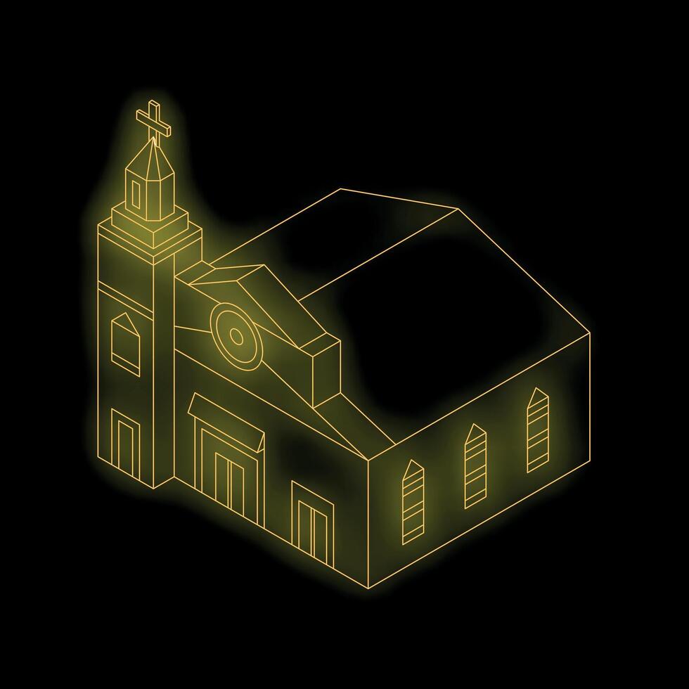 Neon yellow church building glowing on black background vector