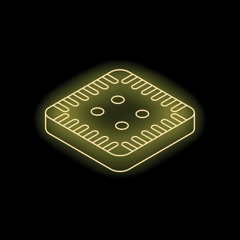 Neon yellow cpu chip glowing on black background vector