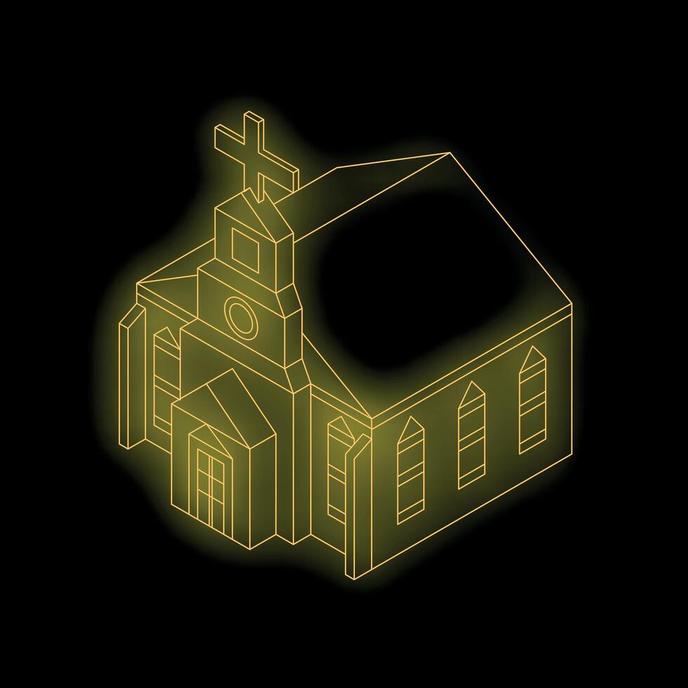 Glowing isometric church building shining on black background vector