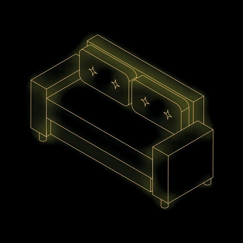 Yellow neon light glowing in the dark modern cozy sofa isometric view vector