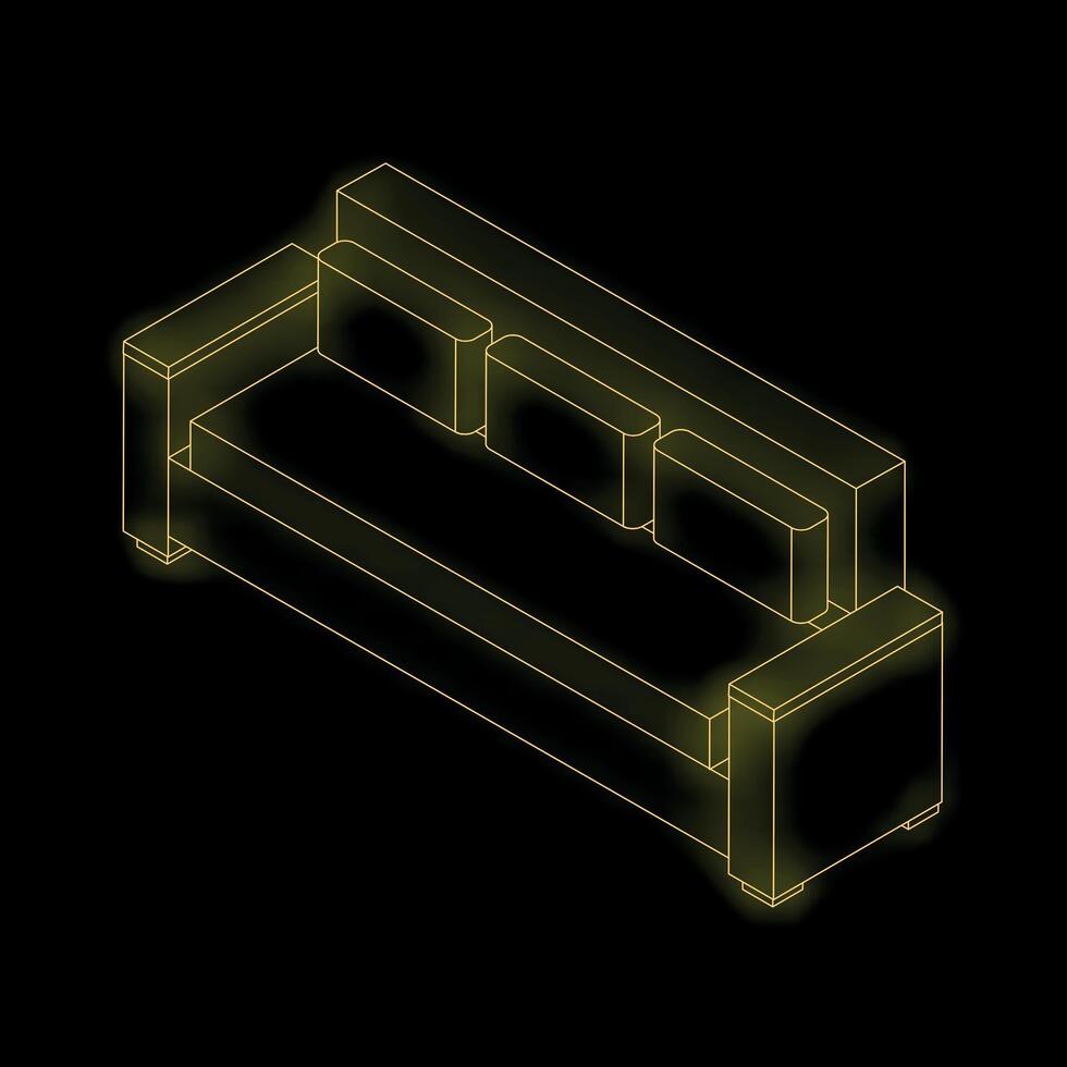 Yellow neon sofa shining in the dark isometric view vector