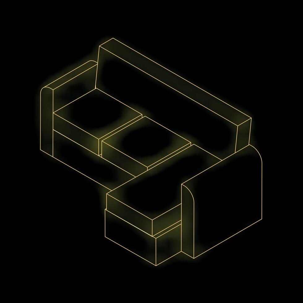 Glowing yellow isometric sofa on black background vector