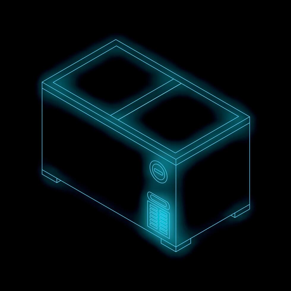Horizontal chest freezer glowing with blue neon light on black background vector