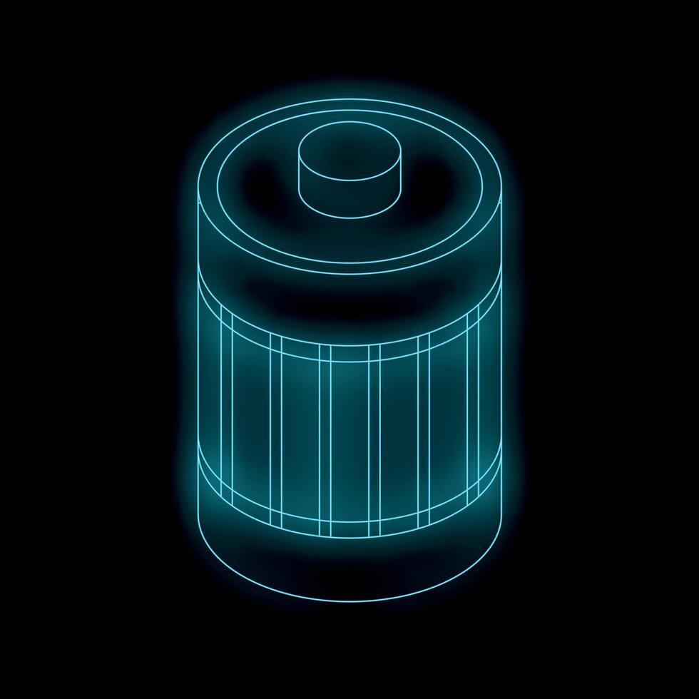 Neon battery icon glowing on dark background vector