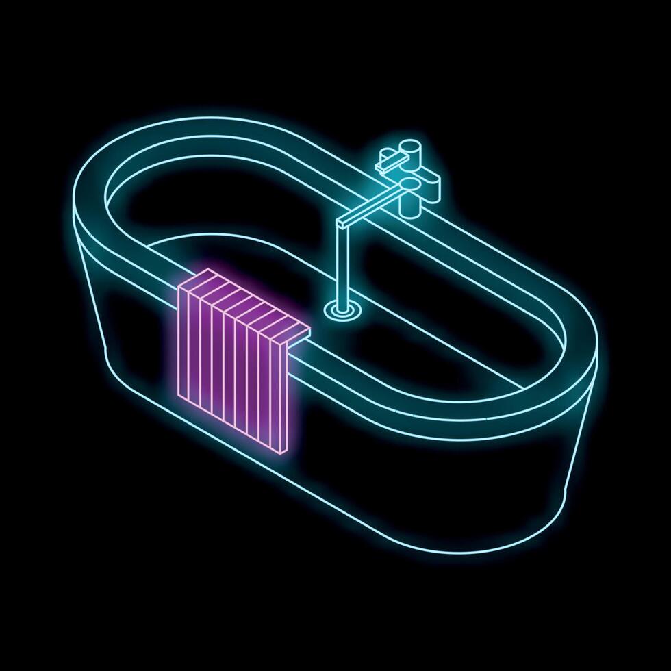 Neon bathtub shining in the dark with towel on heated rail vector