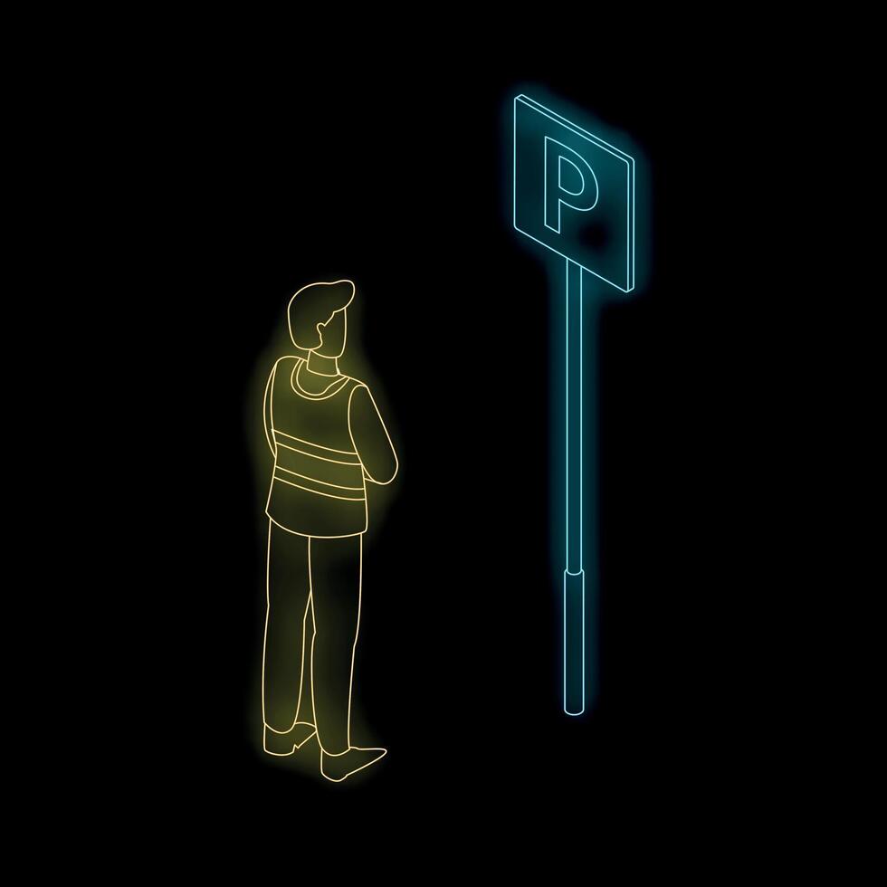 Construction worker looking for parking sign isometric view vector