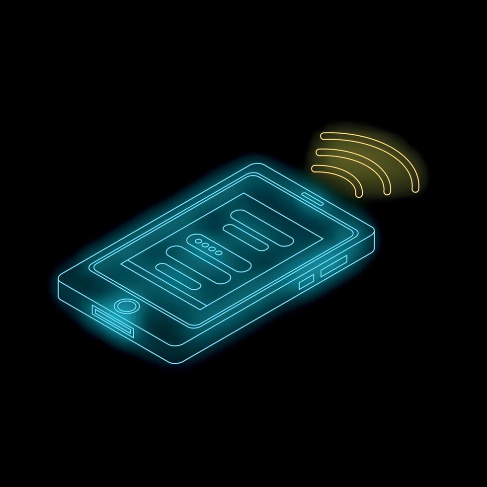 Neon smartphone showing mobile app and sending signal isometric view vector