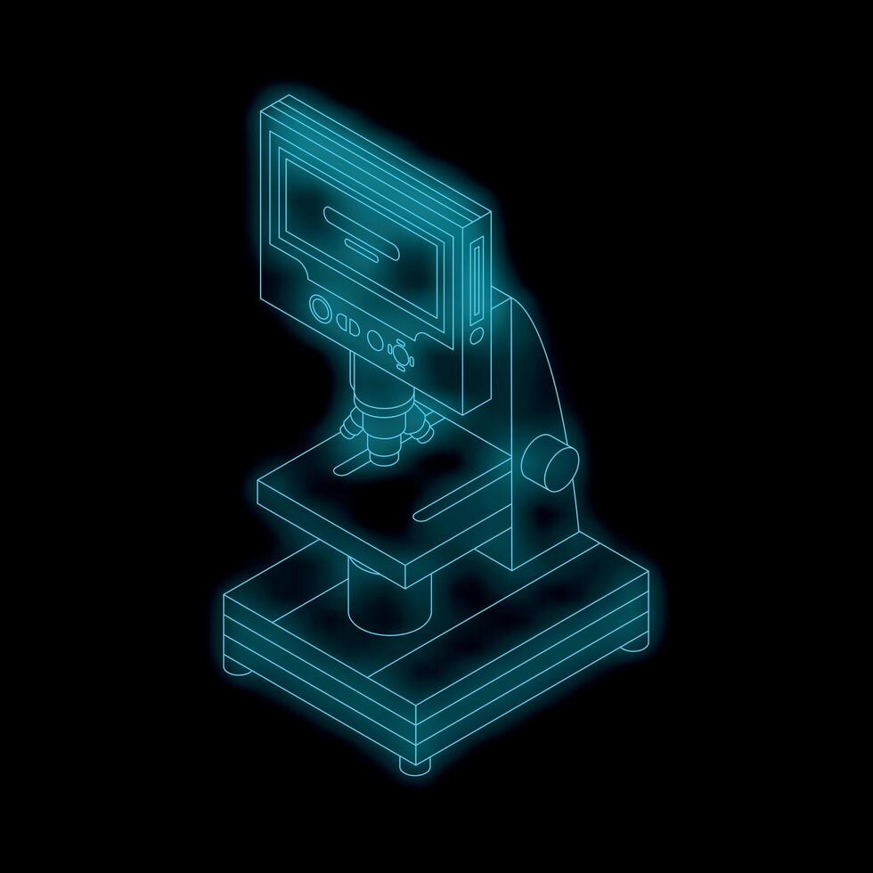 Modern digital microscope with screen displaying analysis results in neon light style vector