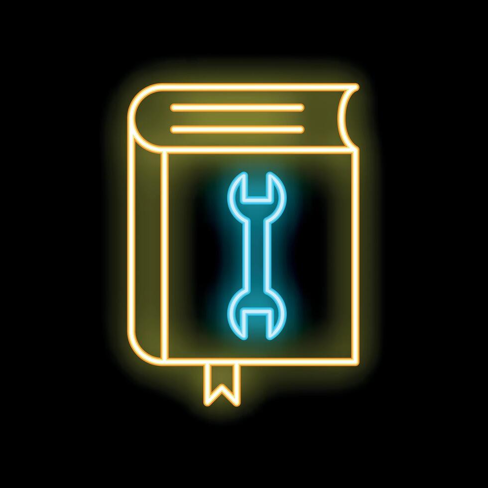 Neon sign of a book with a wrench symbol on the cover vector