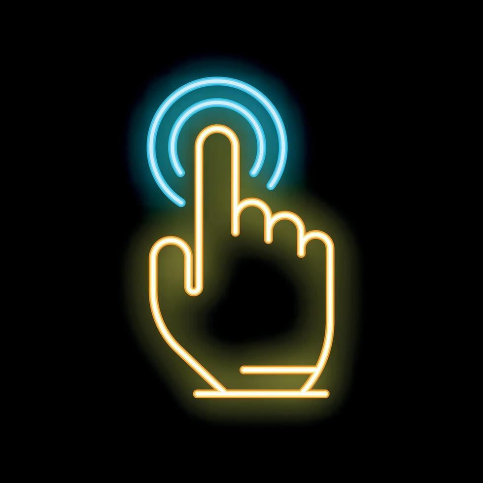 Neon sign of hand touching digital screen vector