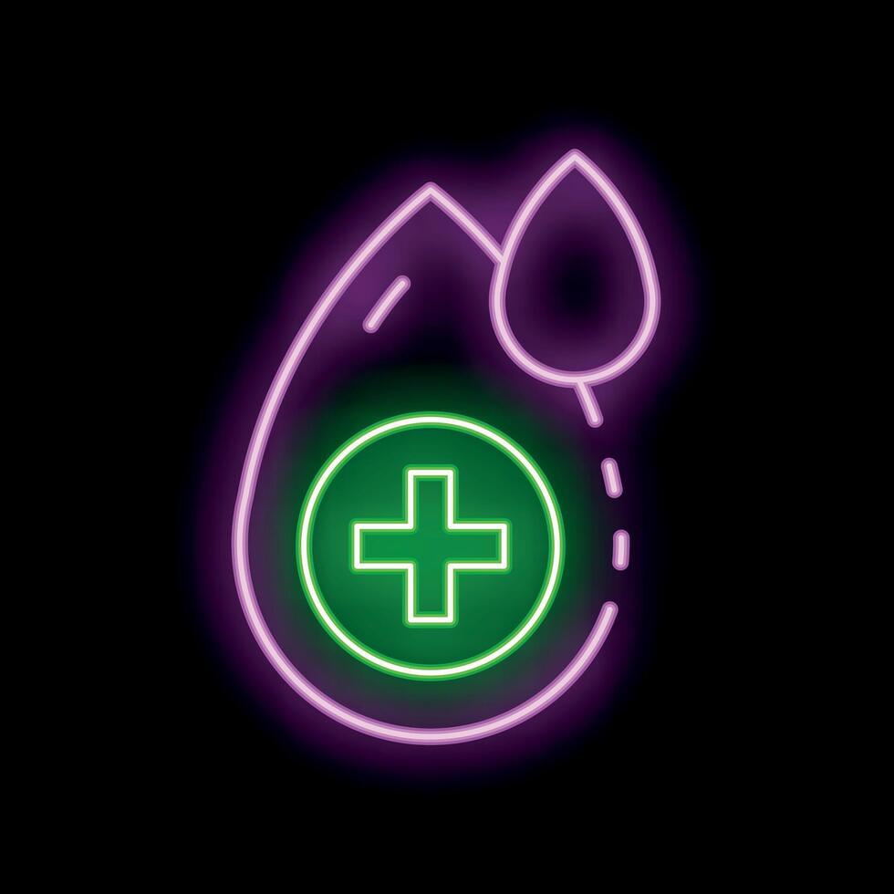 Neon medical icon of blood donation glowing with green and purple lights vector