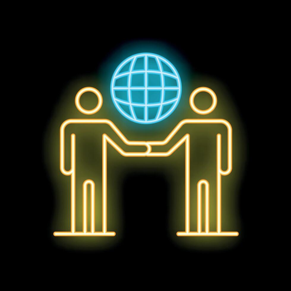 Two businessmen shaking hands over world map neon sign vector illustration