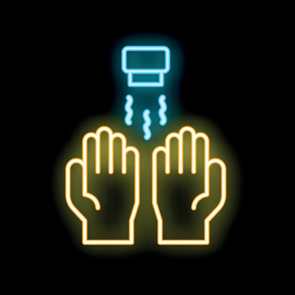 Neon icon of hands under electric hand dryer machine blowing warm air vector