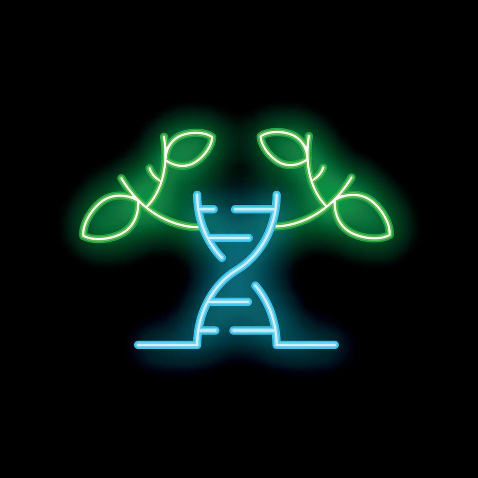 Neon sign representing genetic modification combining dna and tree branches vector