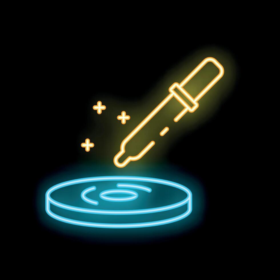 Neon pipette dripping liquid on petri dish icon vector