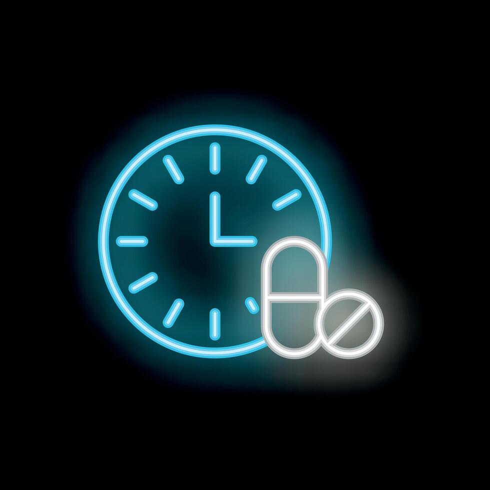 Neon clock showing time to take medicine pills vector