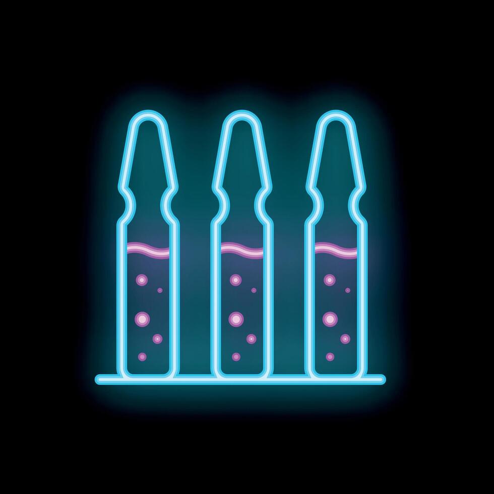 Neon sign representing three medical ampoules with liquid inside on support vector