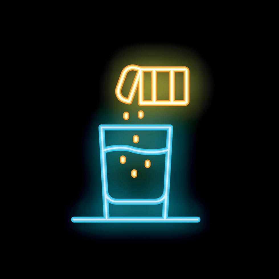 Glowing neon line icon of effervescent vitamin, pill or drug dissolving in glass of water vector