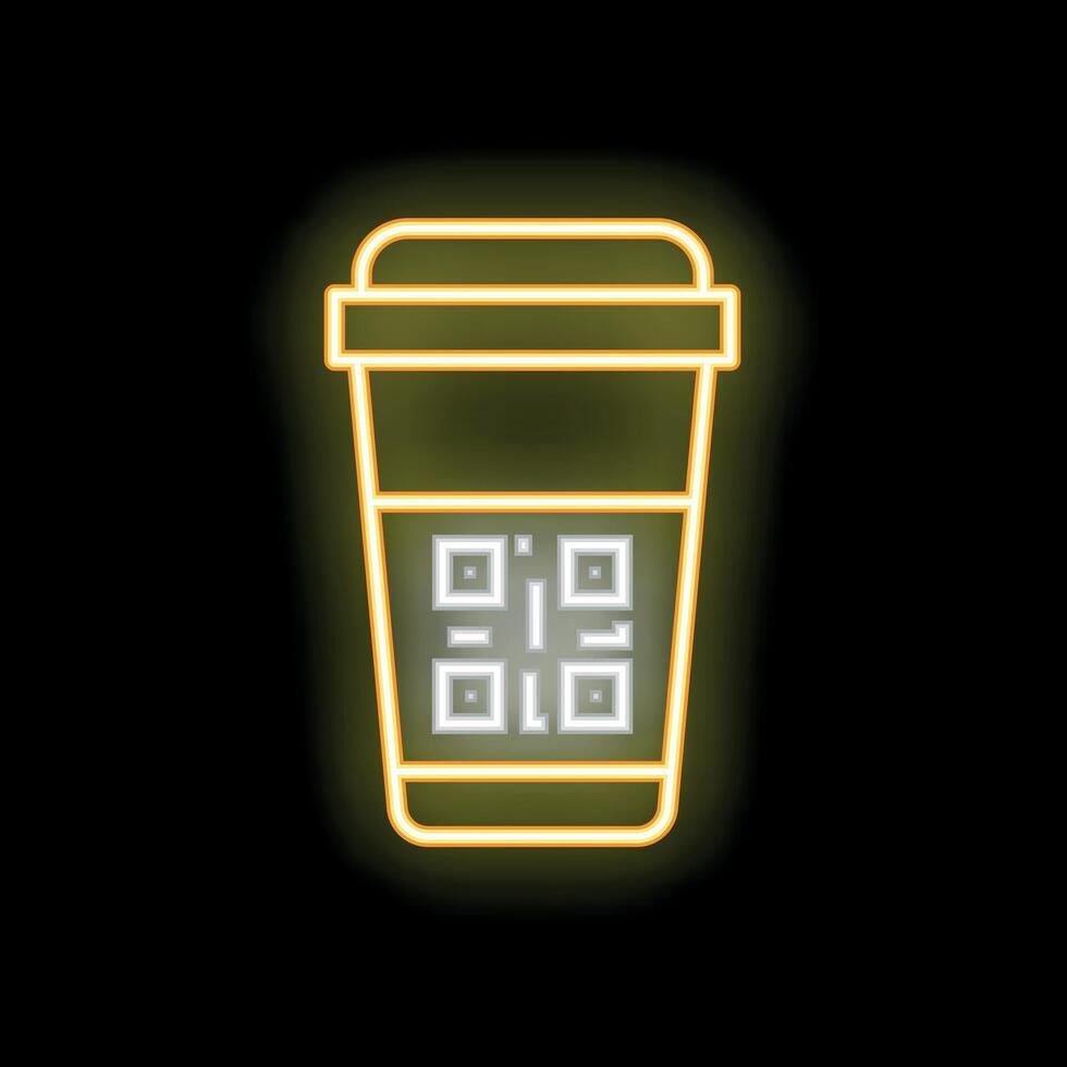 Neon sign of coffee cup with qr code on black background vector