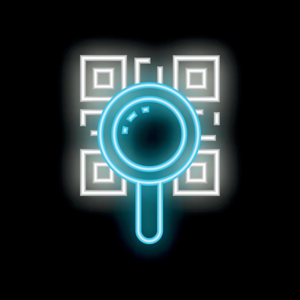 Neon magnifying glass exploring qr code on black background vector