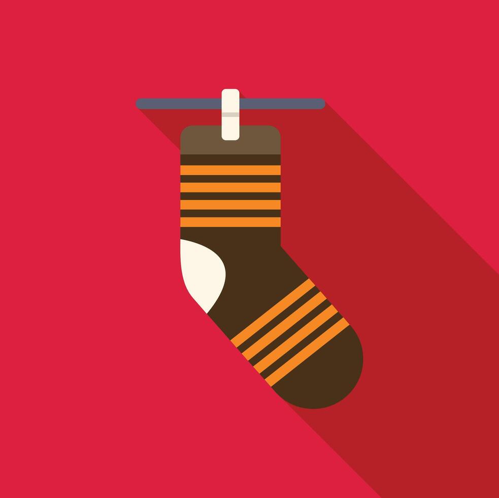 Striped sock hanging on clothesline with clothespin, drying laundry after washing vector
