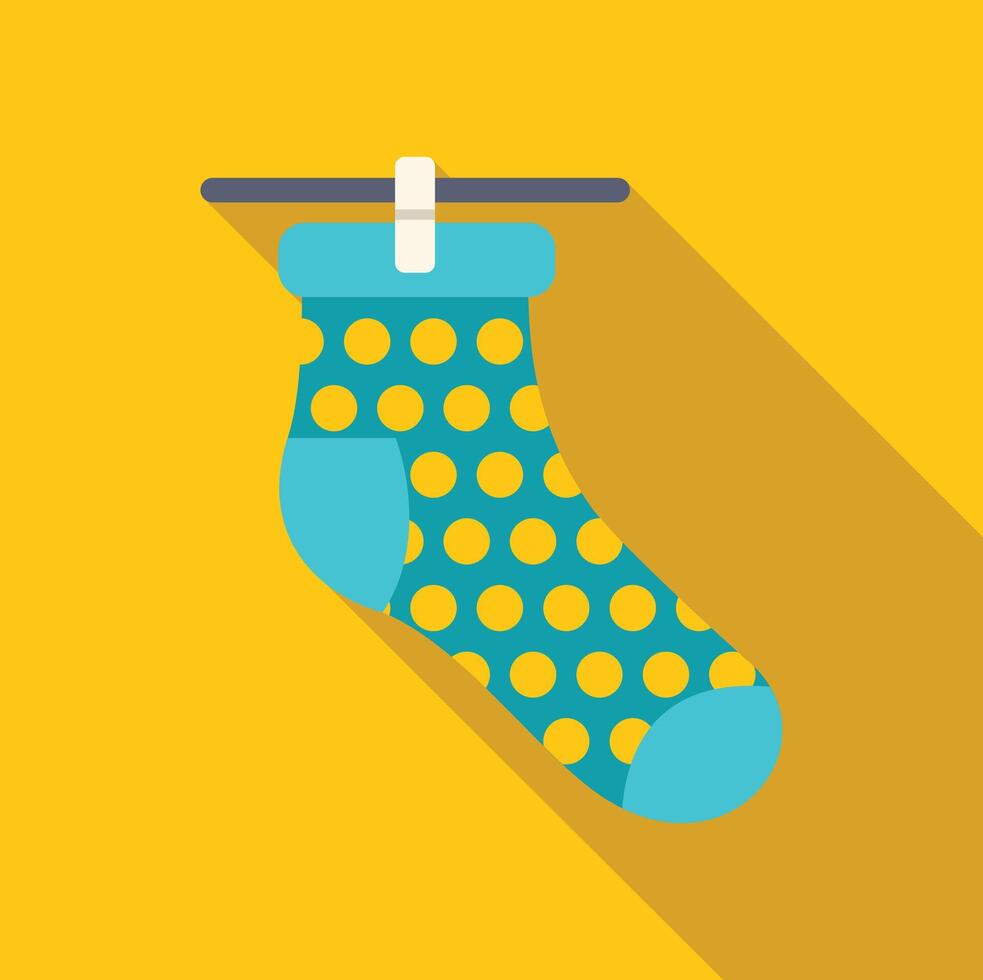 Blue sock with yellow polka dots hanging on clothesline vector