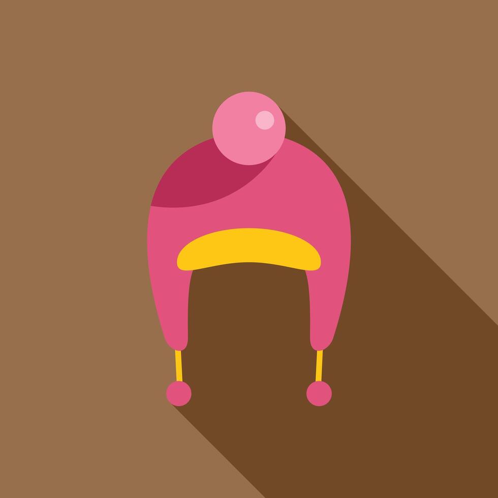 Pink winter hat with ear flaps and pompoms on brown background vector